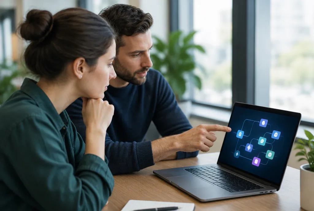 Twee collega's bekijken een geautomatiseerde workflow op een laptop