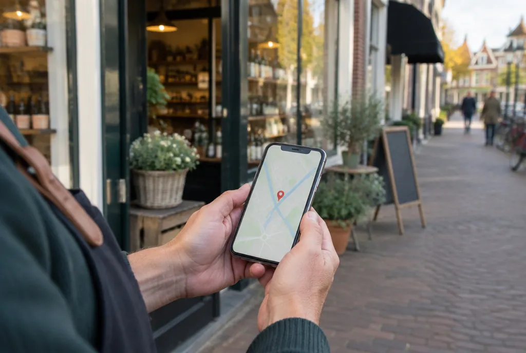 Winkelier houdt een telefoon met kaart en locatiepin voor een lokale winkel in een Nederlandse winkelstraat